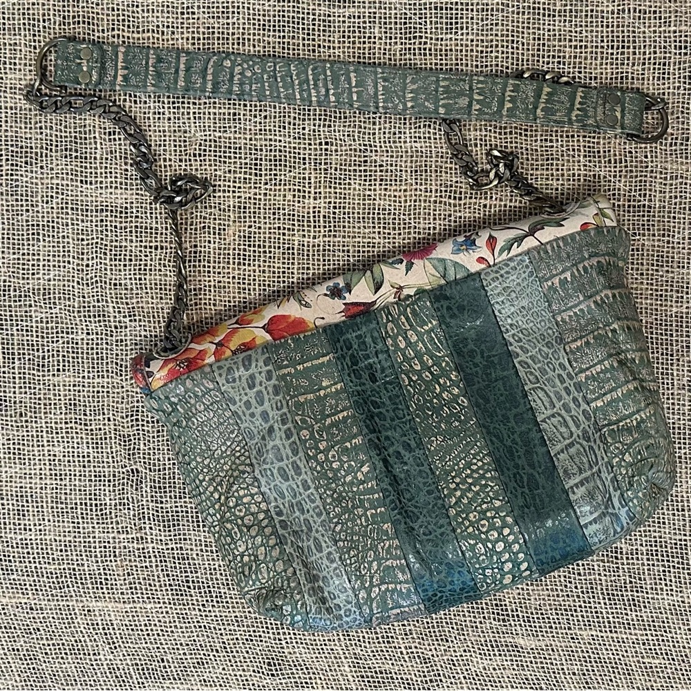 Floral & Green Leather Crossbody Bag Purse Satchel Art to Wear Boho Lagenlook - Picture 3 of 14